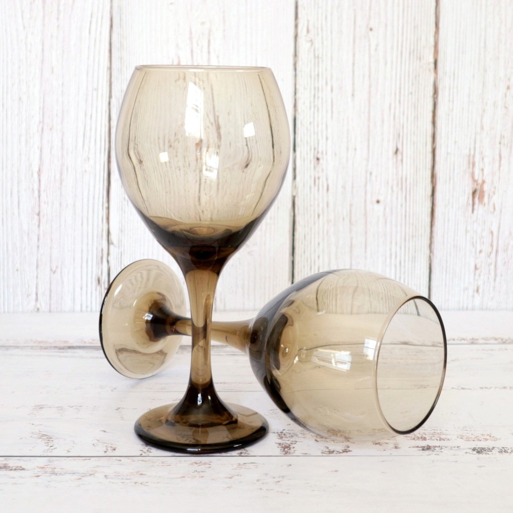 Vintage Libbey Tawny Accent Smoke Brown Balloon Wine Glasses Pair | Retro Boho